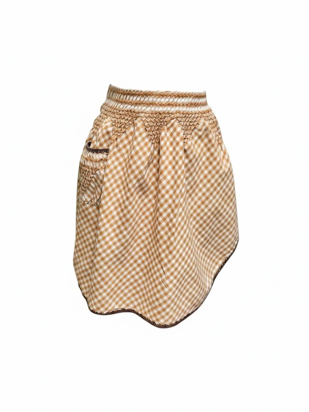 Vintage Gingham Tie-Waist Smocked Apron in Mustard and Brown trim